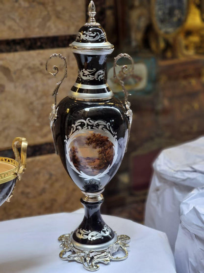 French Style Porcelain Urn & Centerpiece Set | Hand-Painted Floral Design with Gilded Bronze Bases | Set of 3 in BlackNavyBrown