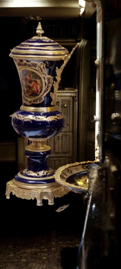 Luxury French Porcelain Urn & Centerpiece Set | Hand-Painted Rococo Style | Ormolu Gilded Bronze Accents | Available in Navy Blue- Cream