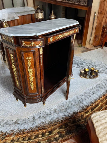 Exquisite Louis XVI Style Marble-Top Cabinet – Ormolu & Inlaid Wood – 67” W