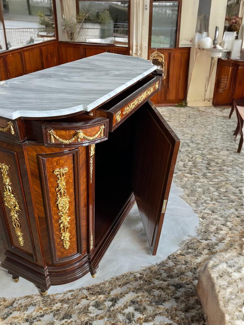 Exquisite Louis XVI Style Marble-Top Cabinet – Ormolu & Inlaid Wood – 67” W