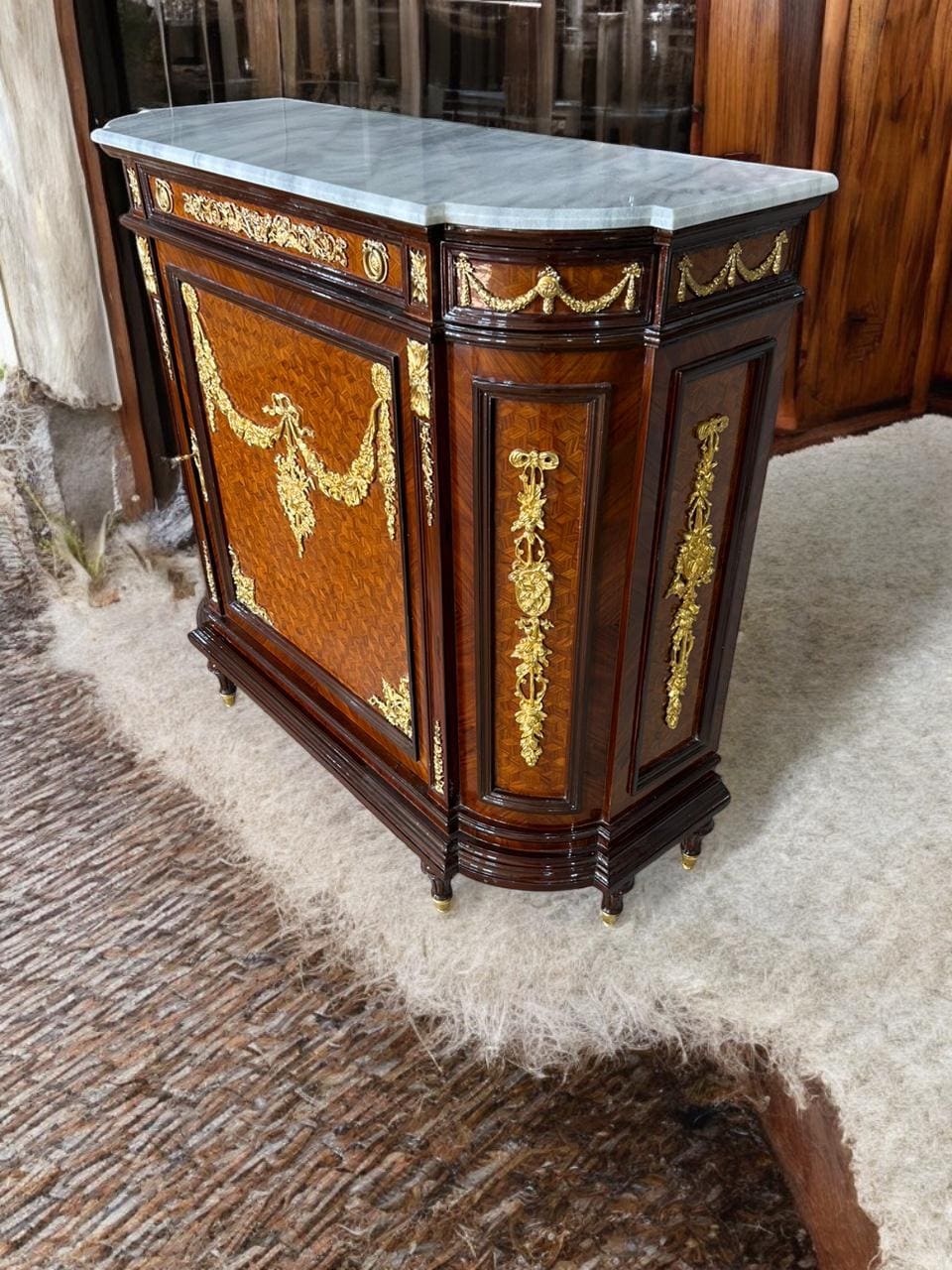 Exquisite Louis XVI Style Marble-Top Cabinet – Ormolu & Inlaid Wood – 67” W