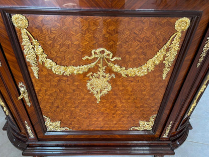 Exquisite Louis XVI Style Marble-Top Cabinet – Ormolu & Inlaid Wood – 67” W