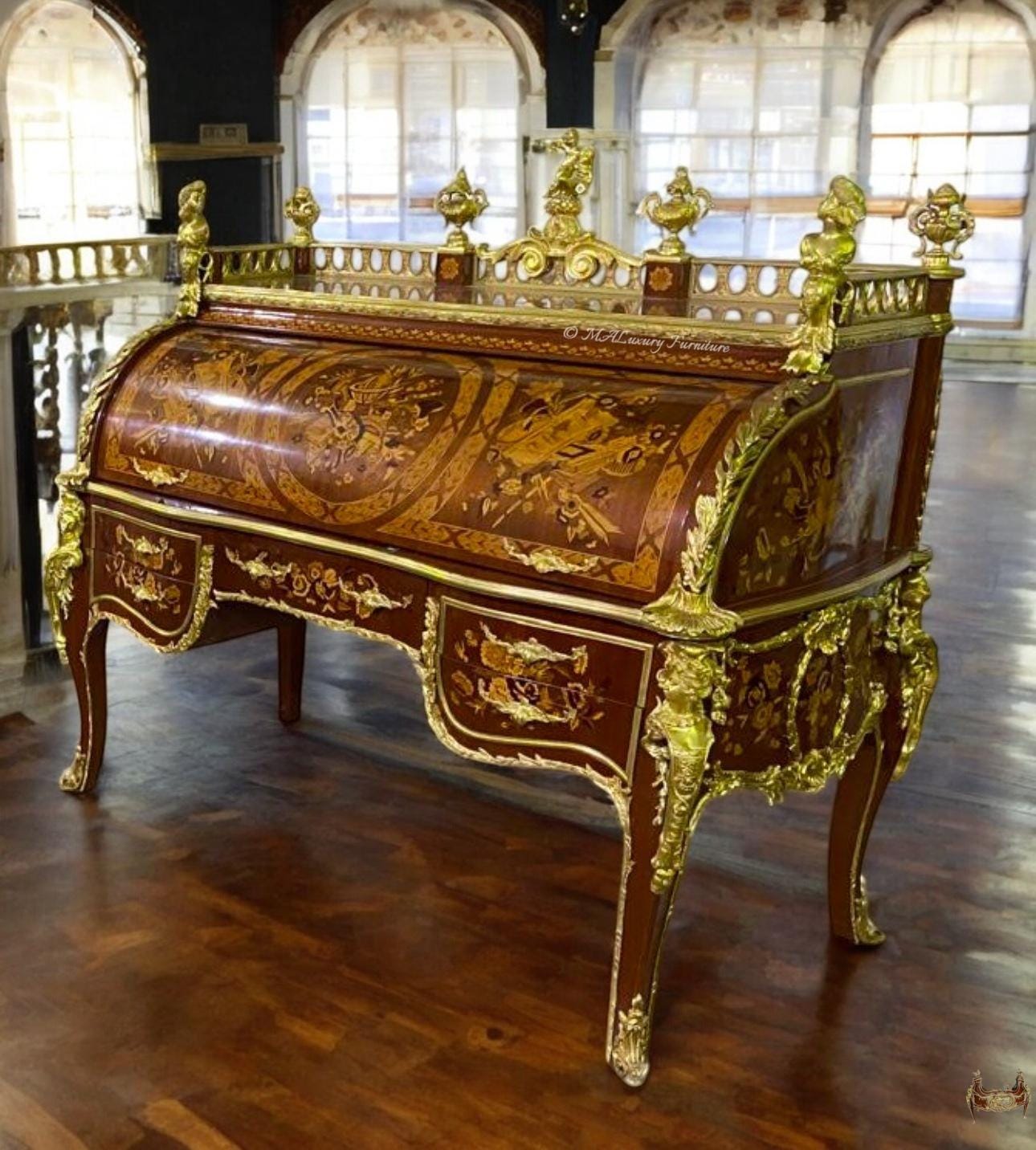 French Louis XVI-Style Marquetry Roll-Top Desk with Ormolu Mounts Royal Bureau du Roi Replica- (Read description)