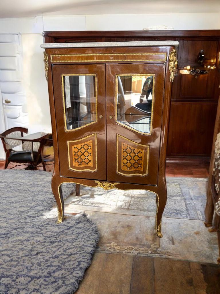 French Louis XV Style Marble Top Cabinet | Elegant Glass Door Display Chest | Vitrine