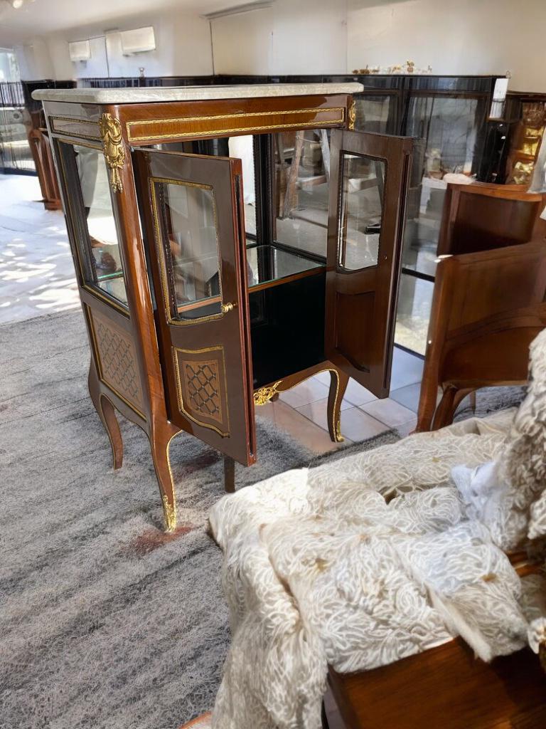 French Louis XV Style Marble Top Cabinet | Elegant Glass Door Display Chest | Vitrine