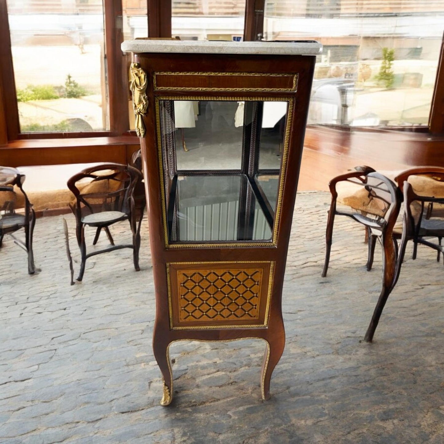 French Louis XV Style Marble Top Cabinet | Elegant Glass Door Display Chest | Vitrine
