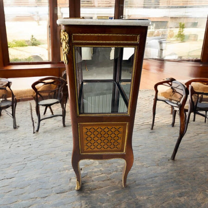 French Louis XV Style Marble Top Cabinet | Elegant Glass Door Display Chest | Vitrine