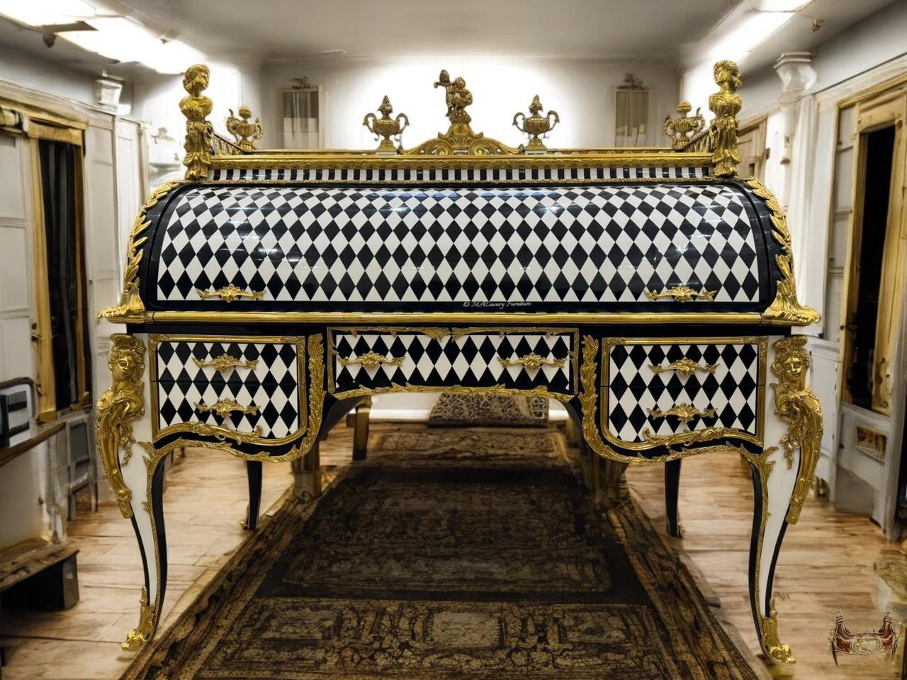 Unique Louis XV Style Harlequin Roll-Top Desk Gilded French Baroque Writing Desk- (See description)