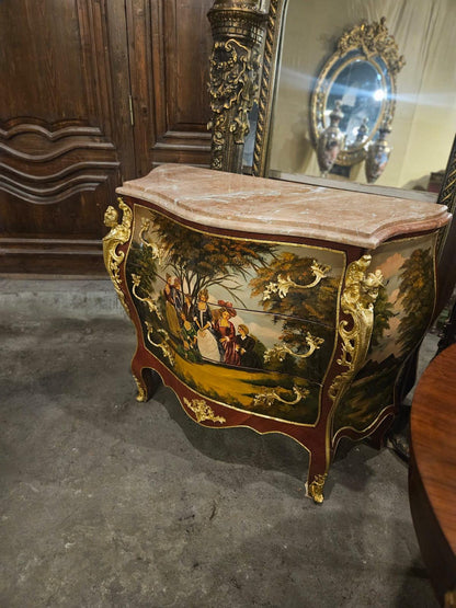 Louis XV Style Hand-Painted Bombe Chest with Marble Top – Antique French Dresser Cabin- Read Description