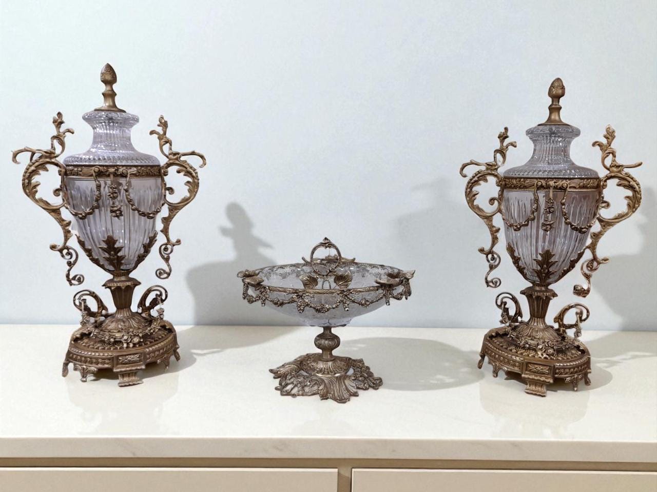 Baroque-Style Crystal and Gilded Bronze Centerpiece Set – 3-Piece Decorative Table Ensemble, 2 colors Available