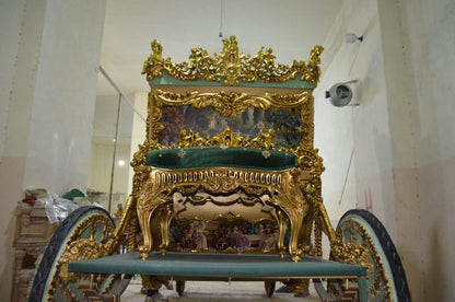 Handcrafted Royal Gold Carriage – Baroque Style Horse-Drawn Coach with Painted Panels & Velvet Interior | Read Description