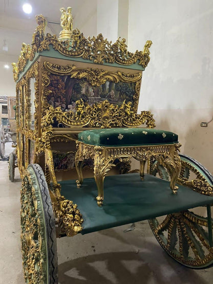 Handcrafted Royal Gold Carriage – Baroque Style Horse-Drawn Coach with Painted Panels & Velvet Interior | Read Description
