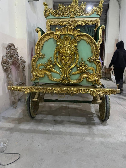 Handcrafted Royal Gold Carriage – Baroque Style Horse-Drawn Coach with Painted Panels & Velvet Interior | Read Description