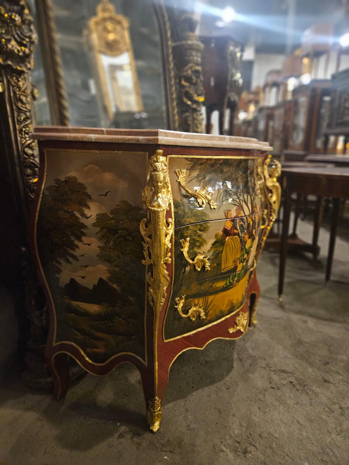Louis XV Style Hand-Painted Bombe Chest with Marble Top – Antique French Dresser Cabin- Read Description