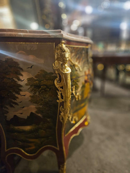 Louis XV Style Hand-Painted Bombe Chest with Marble Top – Antique French Dresser Cabin- Read Description