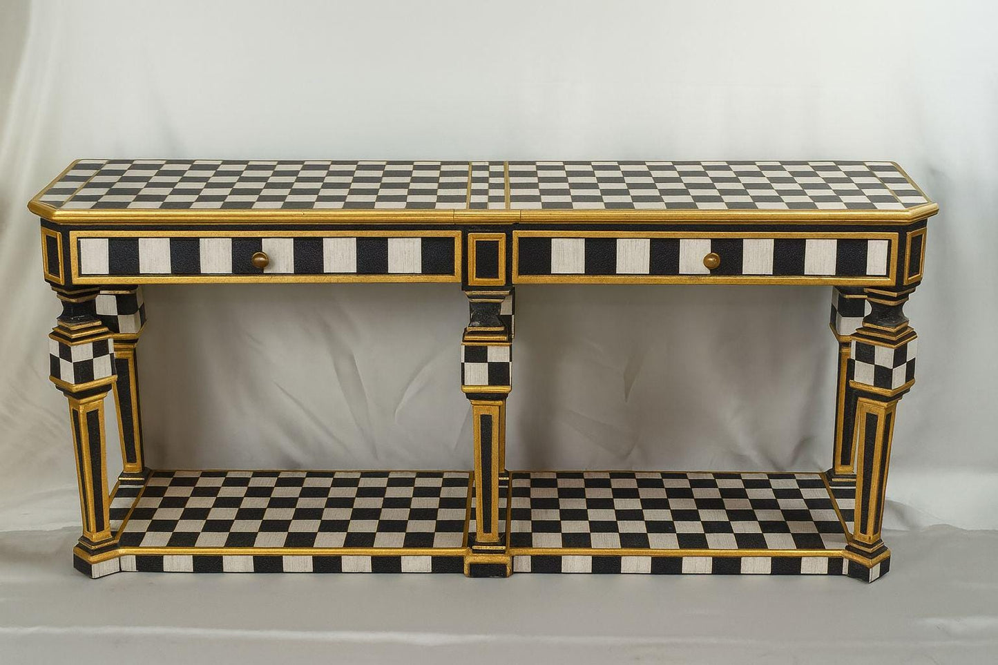 Hand-Painted Checkered Console Table with Gold Accents – Modern Classic Entryway or Hall Table