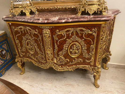 French Louis XV Style Ormolu-Mounted Bombe Commode with Marble Top – Exquisite Marquetry Chest