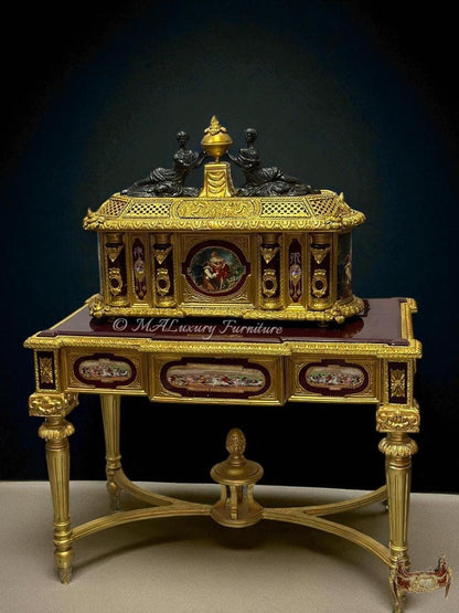 Marie Antoinette” Gilt Bronze & Porcelain Jewelry Box with Matching Table- available in 2 colors-Read DS