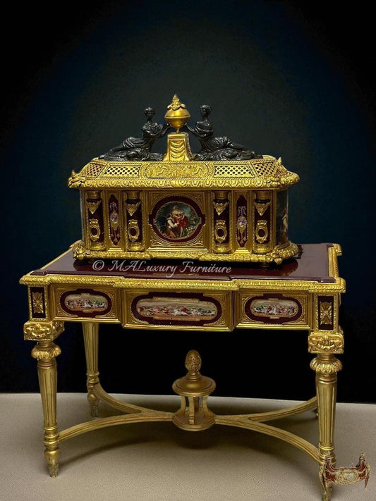 Marie Antoinette” Gilt Bronze & Porcelain Jewelry Box with Matching Table- available in 2 colors-Read DS