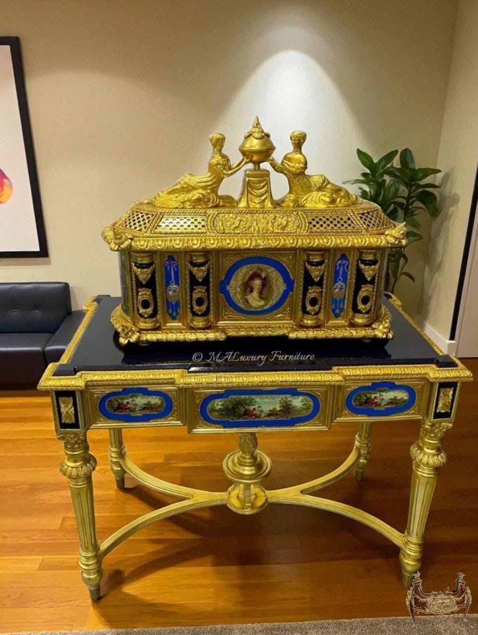 Marie Antoinette” Gilt Bronze & Porcelain Jewelry Box with Matching Table- available in 2 colors-Read DS