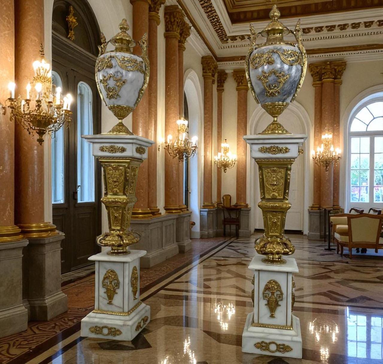 French Marble & Gilt Bronze Urns on Pedestals