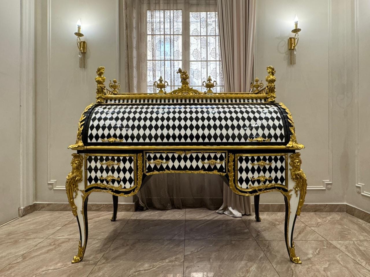 Unique Louis XV Style Harlequin Roll-Top Desk Gilded French Baroque Writing Desk- (See description)