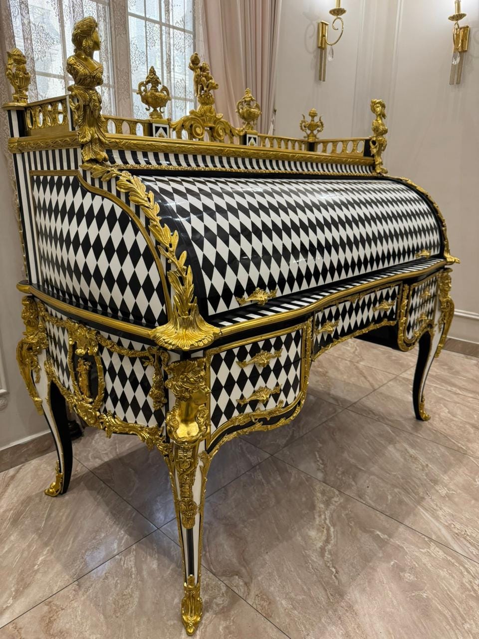 Unique Louis XV Style Harlequin Roll-Top Desk Gilded French Baroque Writing Desk- (See description)