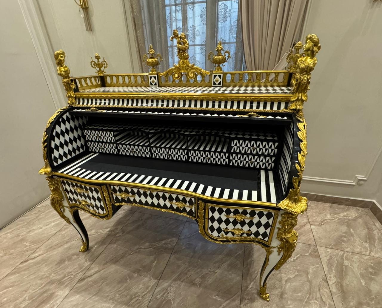 Unique Louis XV Style Harlequin Roll-Top Desk Gilded French Baroque Writing Desk- (See description)