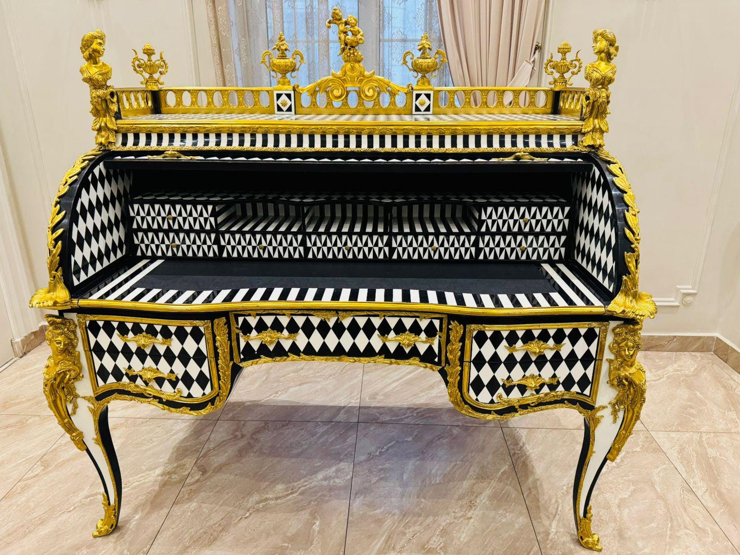 Unique Louis XV Style Harlequin Roll-Top Desk Gilded French Baroque Writing Desk- (See description)