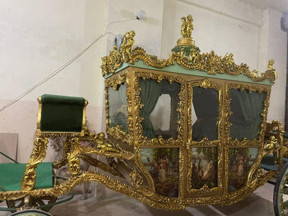 Handcrafted Royal Gold Carriage – Baroque Style Horse-Drawn Coach with Painted Panels & Velvet Interior | Read Description