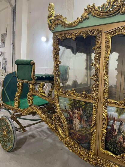 Handcrafted Royal Gold Carriage – Baroque Style Horse-Drawn Coach with Painted Panels & Velvet Interior | Read Description