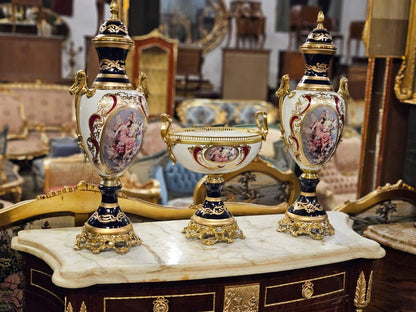 Pair of Large Hand-Painted Porcelain Urns with Gilt Bronze Bases – French Rococo Style