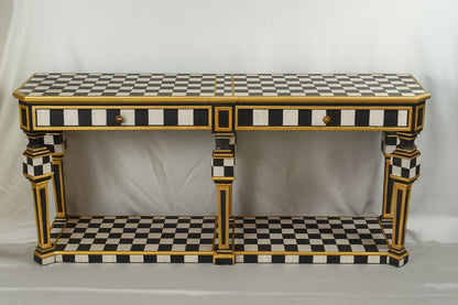 Hand-Painted Checkered Console Table with Gold Accents – Modern Classic Entryway or Hall Table