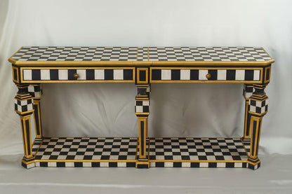 Hand-Painted Checkered Console Table with Gold Accents – Modern Classic Entryway or Hall Table