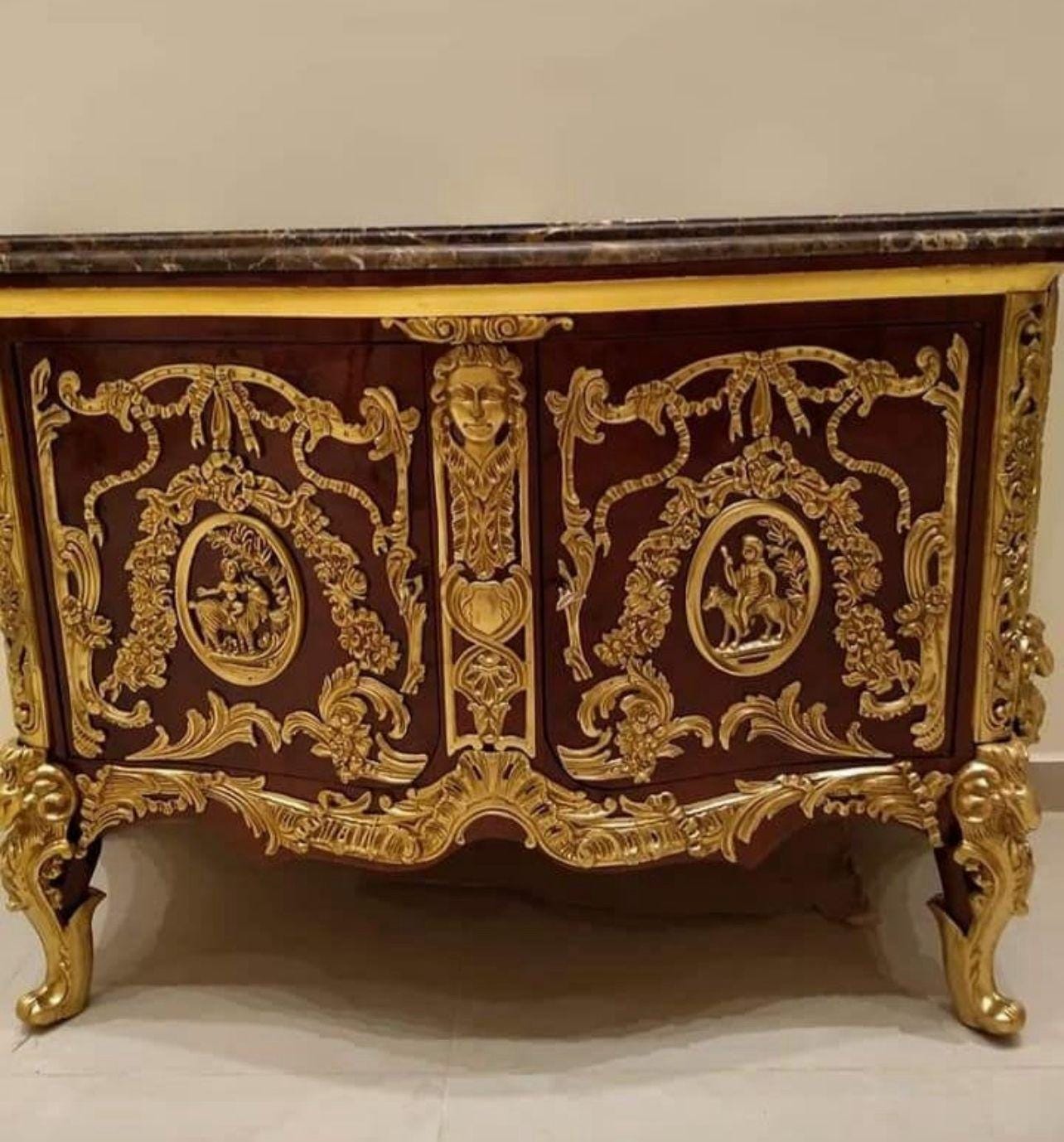 French Louis XV Style Ormolu-Mounted Bombe Commode with Marble Top – Exquisite Marquetry Chest