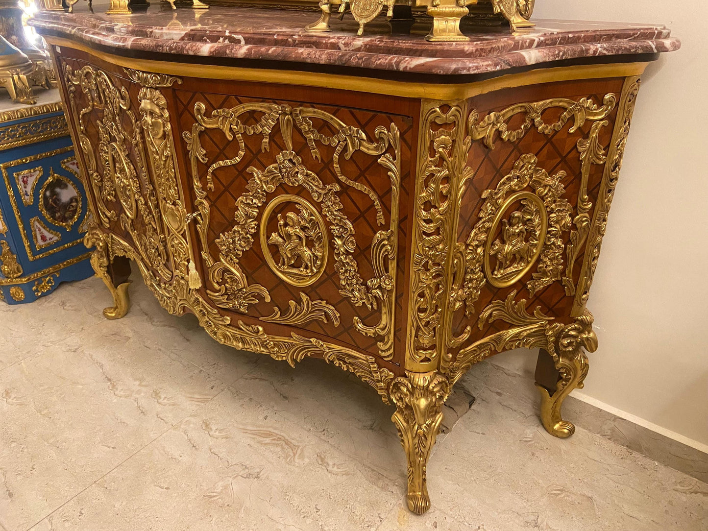 French Louis XV Style Ormolu-Mounted Bombe Commode with Marble Top – Exquisite Marquetry Chest