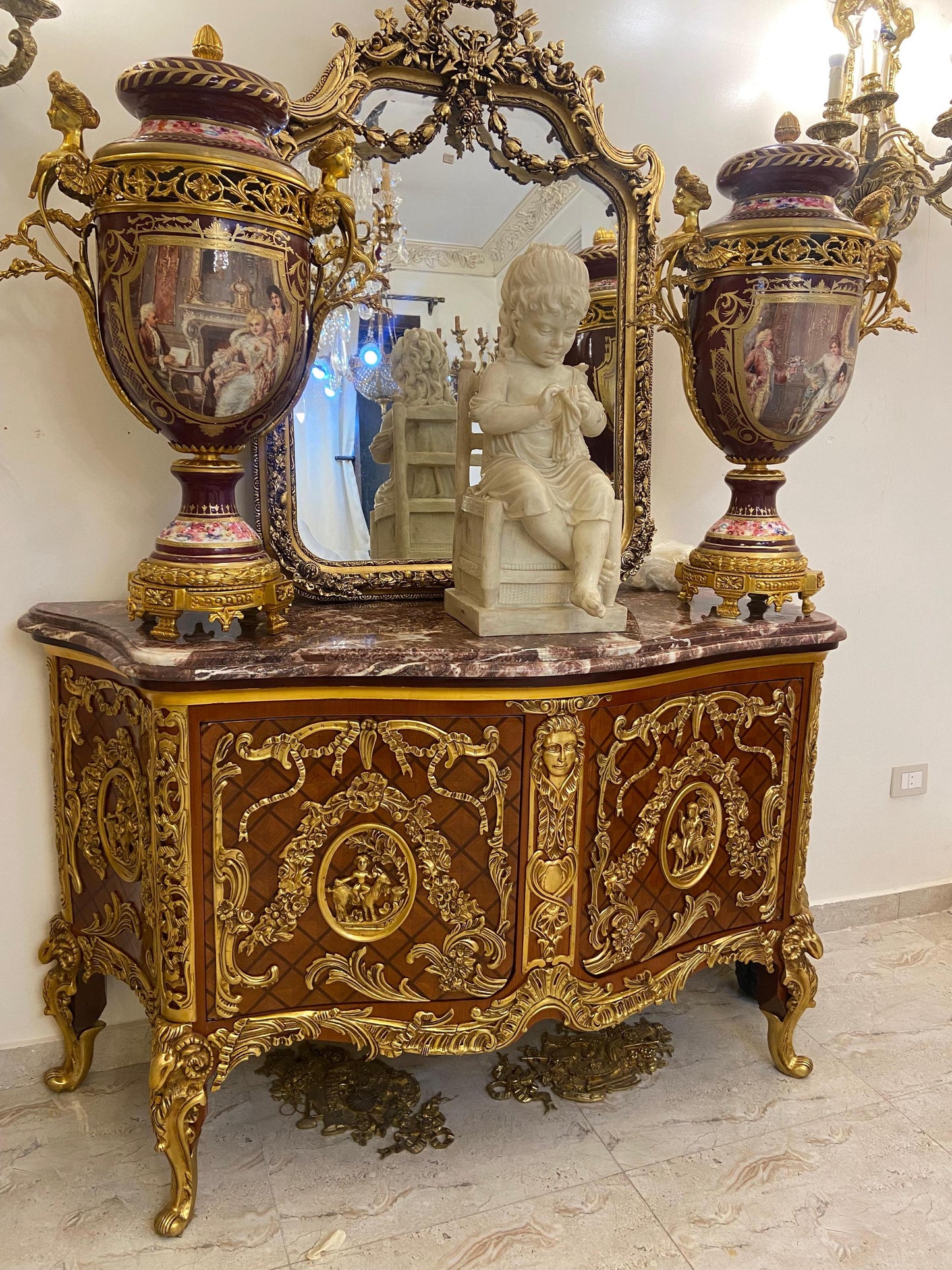 French Louis XV Style Ormolu-Mounted Bombe Commode with Marble Top – Exquisite Marquetry Chest
