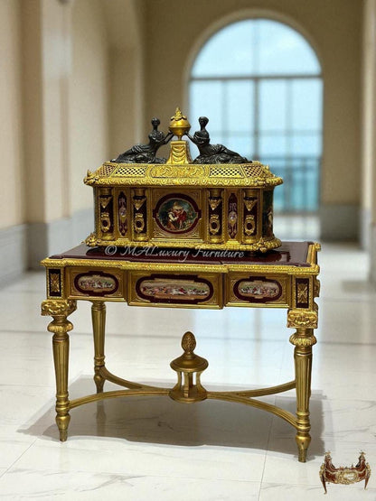 Marie Antoinette” Gilt Bronze & Porcelain Jewelry Box with Matching Table- available in 2 colors-Read DS
