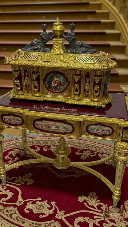Marie Antoinette” Gilt Bronze & Porcelain Jewelry Box with Matching Table- available in 2 colors-Read DS