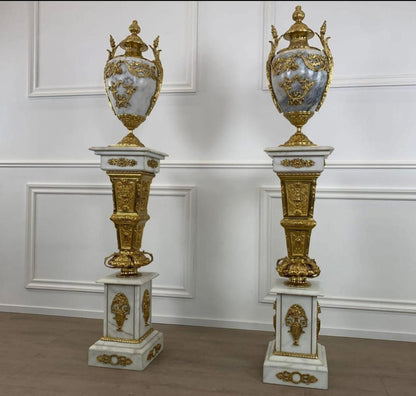 French Marble & Gilt Bronze Urns on Pedestals