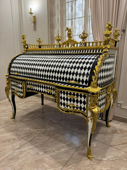 Unique Louis XV Style Harlequin Roll-Top Desk Gilded French Baroque Writing Desk- (See description)