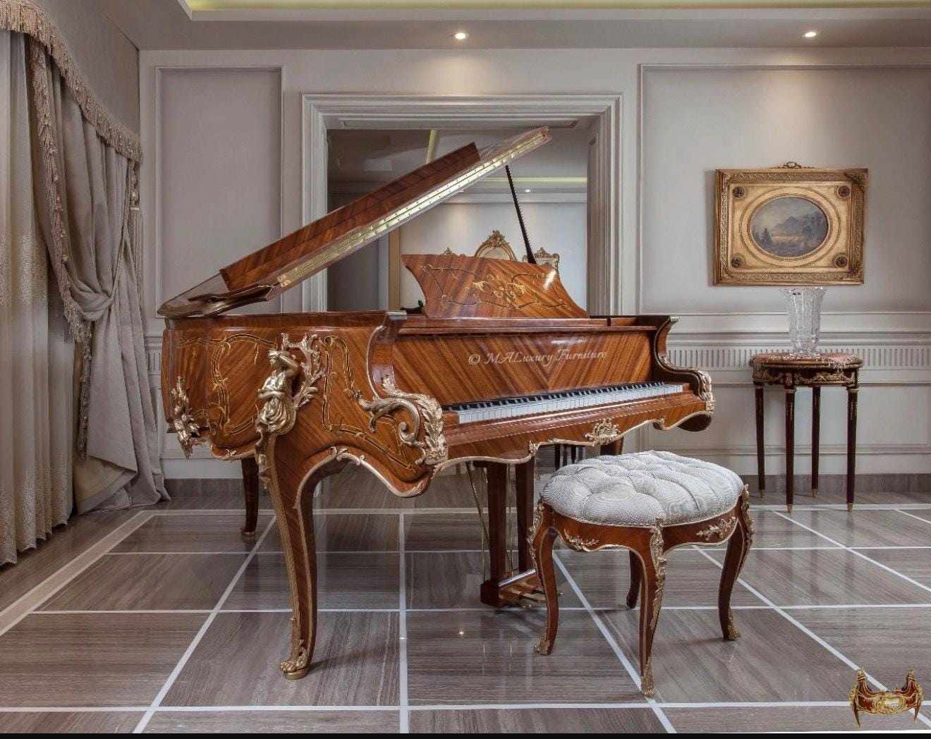 Luxury Hand-Crafted Grand Piano – Louis XV Style with Ornate Carvings & Matching Stool- Read description