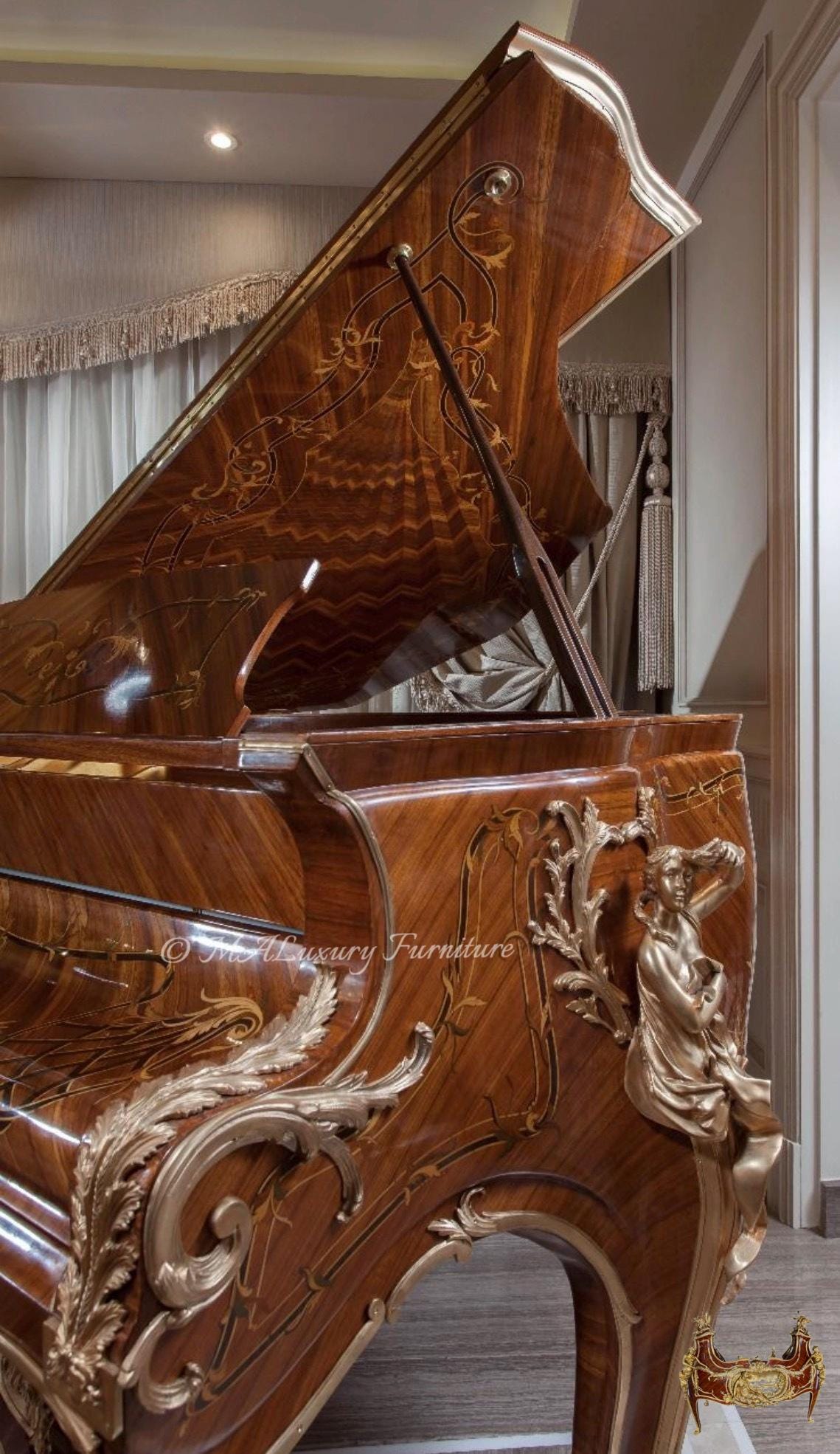 Luxury Hand-Crafted Grand Piano – Louis XV Style with Ornate Carvings & Matching Stool- Read description