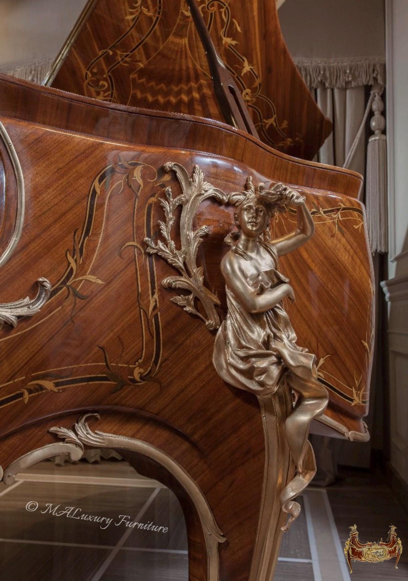 Luxury Hand-Crafted Grand Piano – Louis XV Style with Ornate Carvings & Matching Stool- Read description