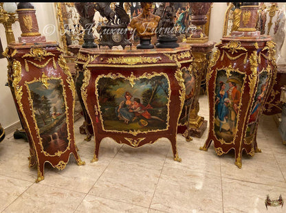 Hand-Painted French Louis XV Commode Set – Gilt Bronze, Marble Top