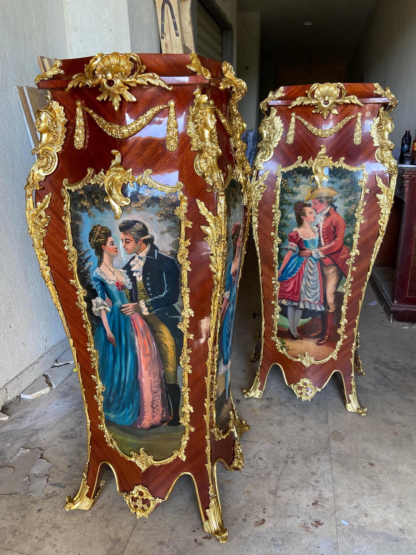 Hand-Painted French Louis XV Commode Set – Gilt Bronze, Marble Top