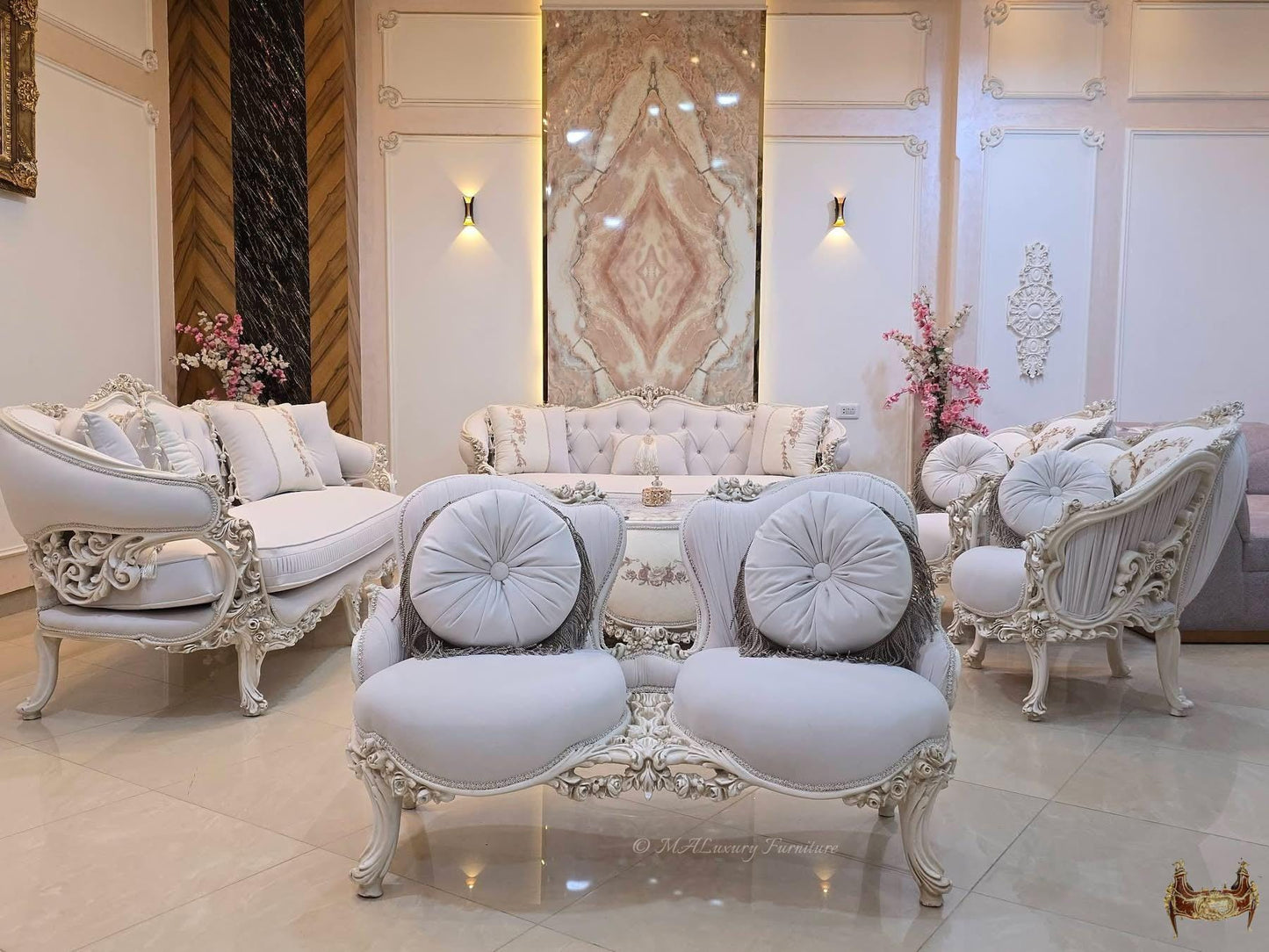Luxury French Living Room Set – 6-Piece Hand-Carved Sofa & Chair Ensemble and table