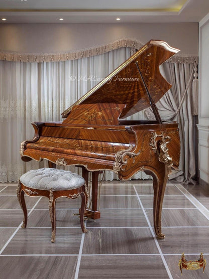 Luxury Hand-Crafted Grand Piano – Louis XV Style with Ornate Carvings & Matching Stool- Read description