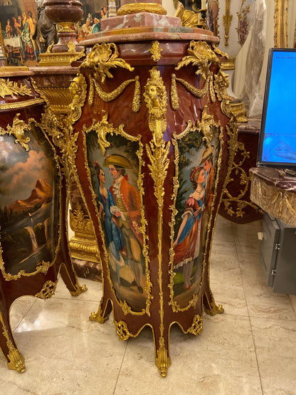 Hand-Painted French Louis XV Commode Set – Gilt Bronze, Marble Top
