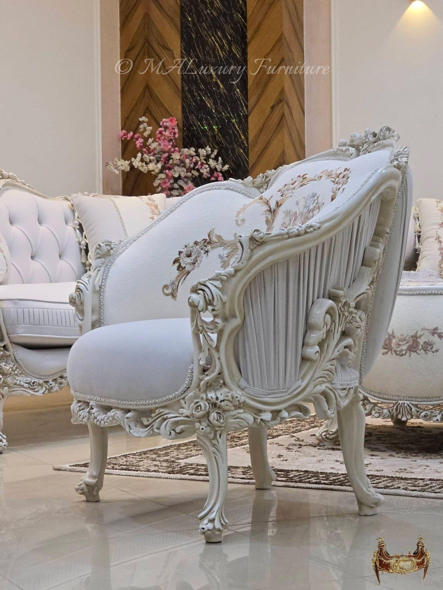 Luxury French Living Room Set – 6-Piece Hand-Carved Sofa & Chair Ensemble and table